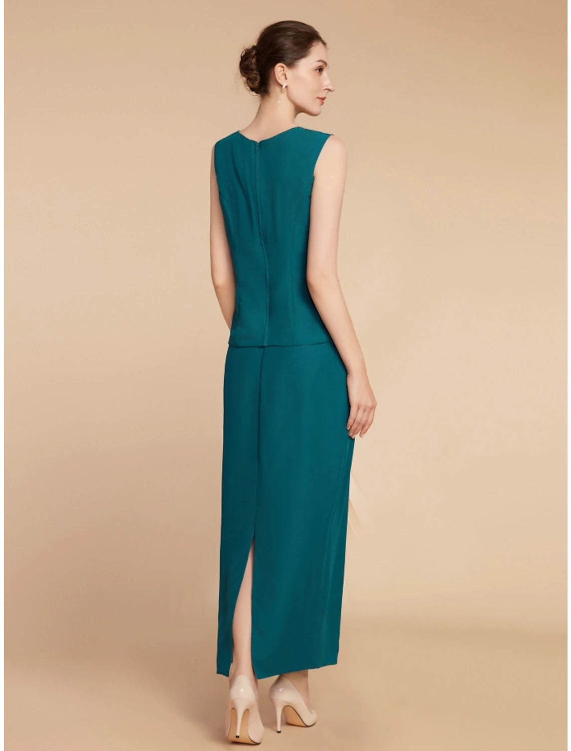 Wholesale Sheath / Column Mother of the Bride Dress Wedding Guest Elegant Simple Jewel Neck Ankle Length Chiffon Long Sleeve with Split Front Ruching Solid Color