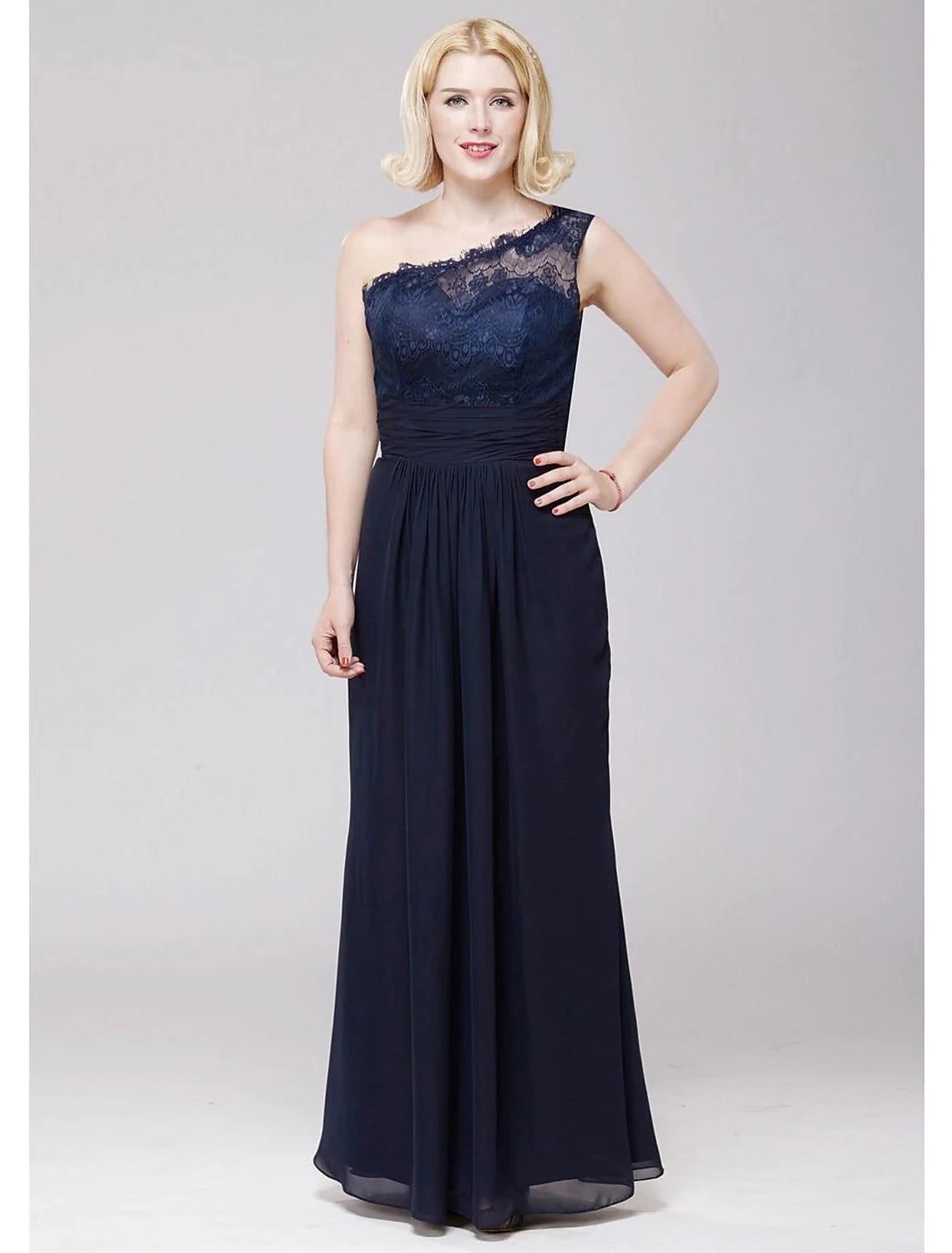 Wholesale A-Line Bridesmaid Dress One Shoulder Sleeveless Elegant Floor Length Chiffon / Lace with Lace / Sash / Ribbon