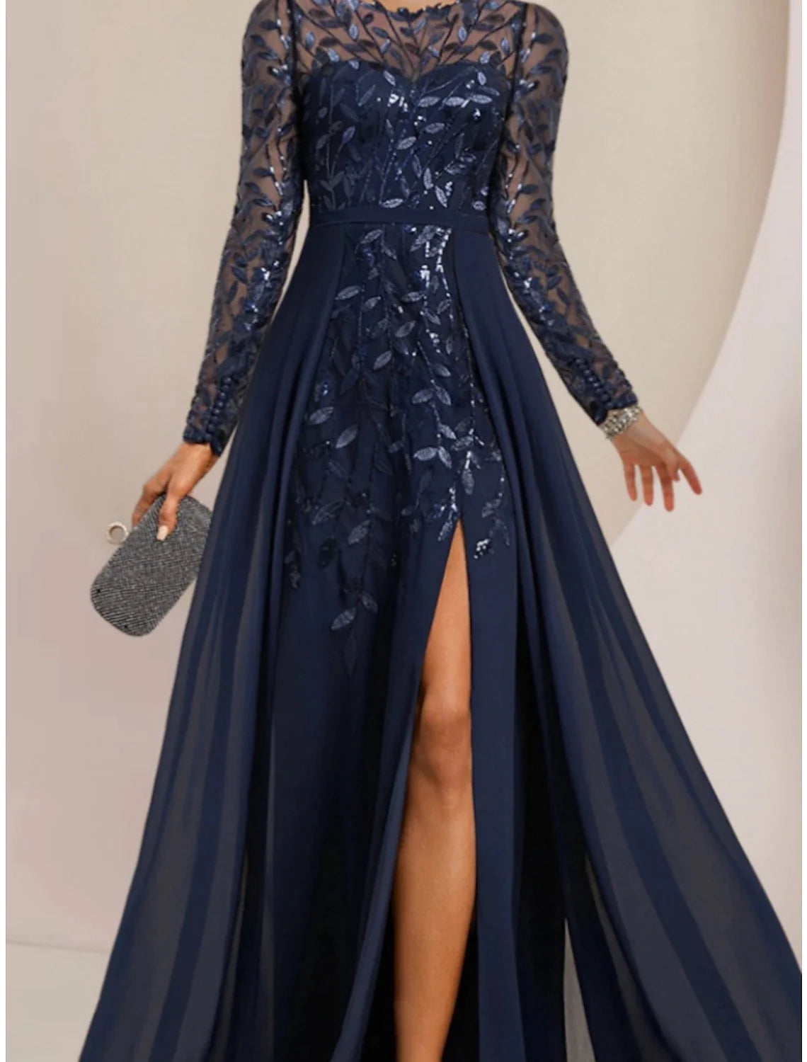 Wholesale A-Line Mother of the Bride Dress Wedding Guest Elegant Jewel Neck Floor Length Chiffon Lace Sequined Long Sleeve with Split Front Ruching Solid Color
