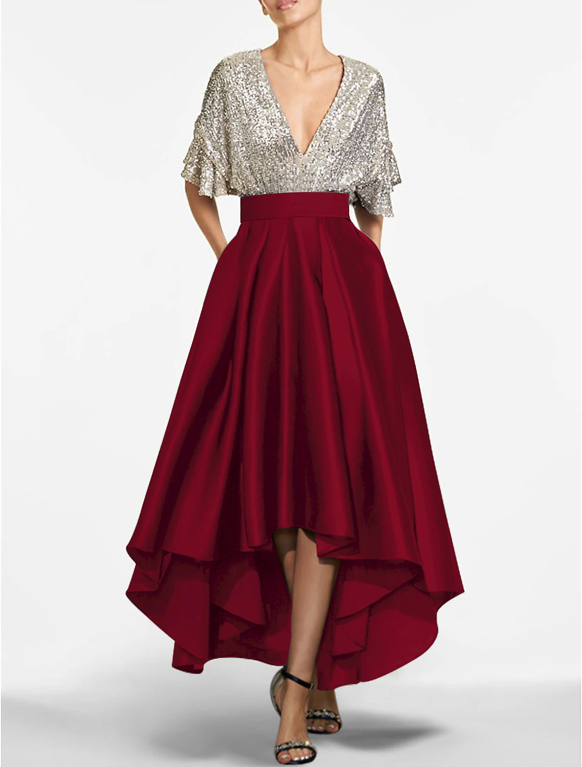 Wholesale A-Line Cocktail Dresses Red Green Dress Cocktail Party Semi Formal Asymmetrical Short Sleeve Jewel Neck Fall Wedding Guest Satin with Sequin