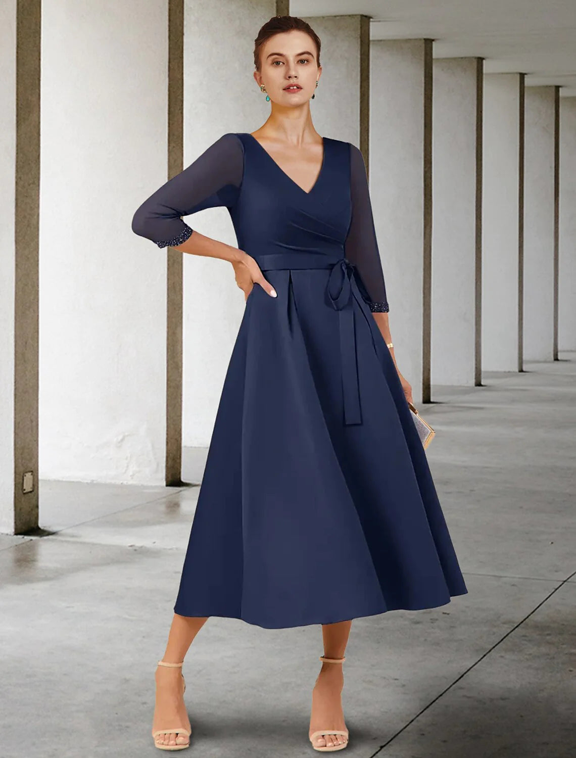 Wholesale A-Line Mother of the Bride Dress Wedding Guest Elegant Petite V Neck Tea Length Stretch Chiffon 3/4 Length Sleeve with Bow(s) Crystals Ruching