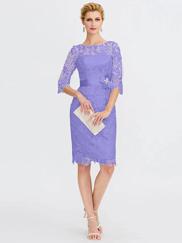 Wholesale Sheath / Column Mother of the Bride Dress Formal Wedding Guest Plus Size Elegant Illusion Neck Knee Length All Over Lace 3/4 Length Sleeve with Bow(s)