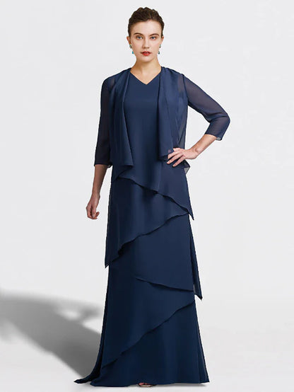 Wholesale Two Piece A-Line Mother of the Bride Dress Plus Size Elegant V Neck Floor Length Chiffon Sleeveless Wrap Included with Ruffles