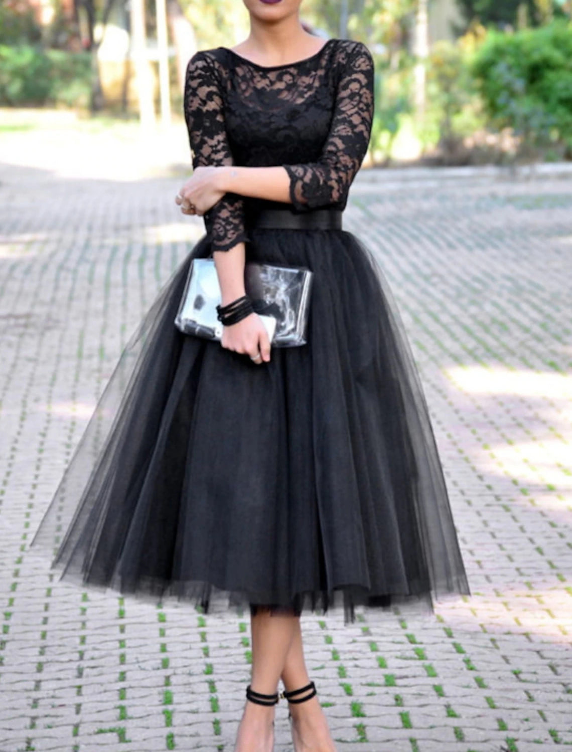 Wholesale A-Line Cocktail Black Dress Vintage Dress Halloween Ankle Length 3/4 Length Sleeve Jewel Neck Fall Wedding Guest Tulle with Pleats Lace Insert