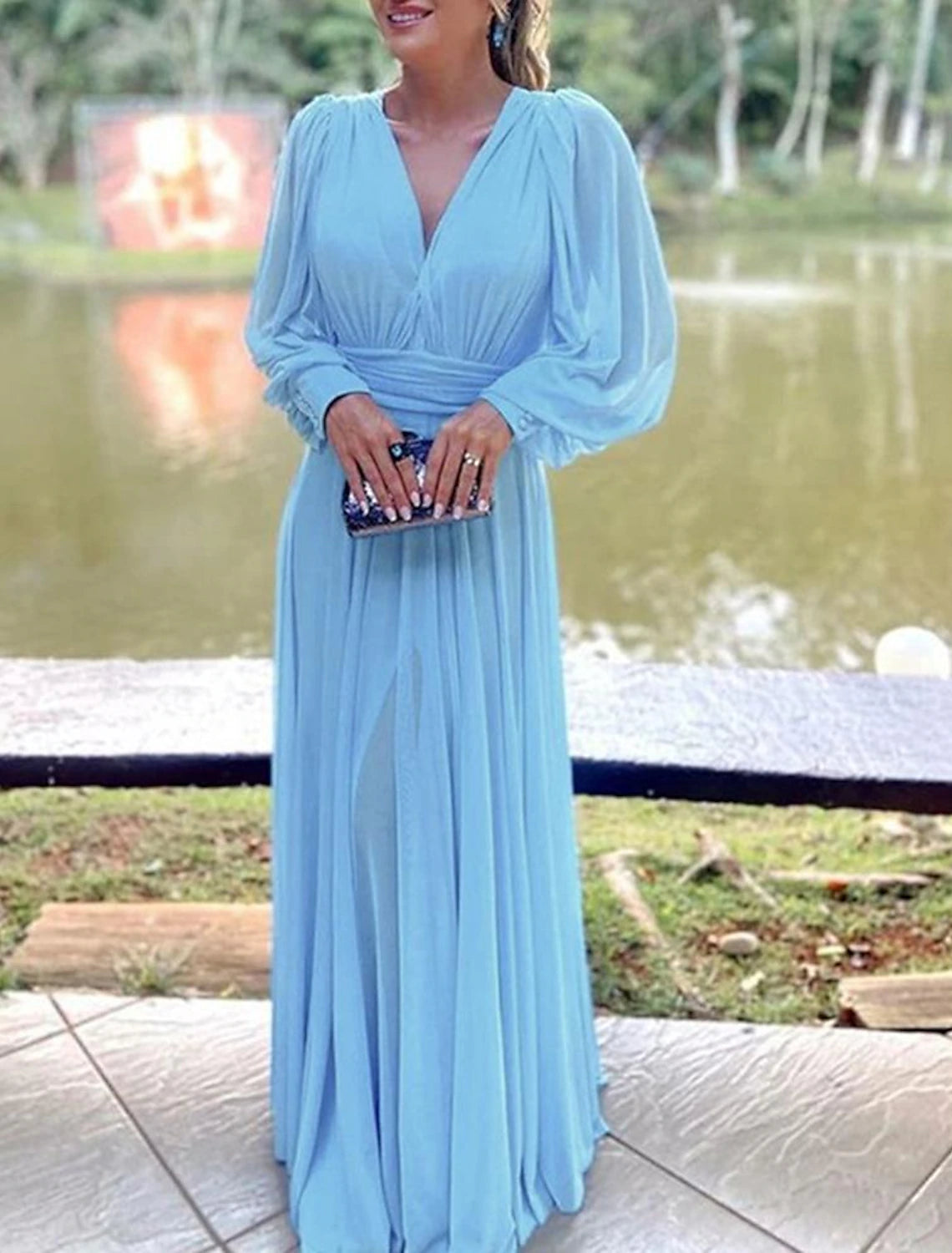 Wholesale Jumpsuit / Pantsuit Mother of the Bride Dress Formal Wedding Guest Elegant V Neck Floor Length Chiffon Long Sleeve with Pleats Ruched