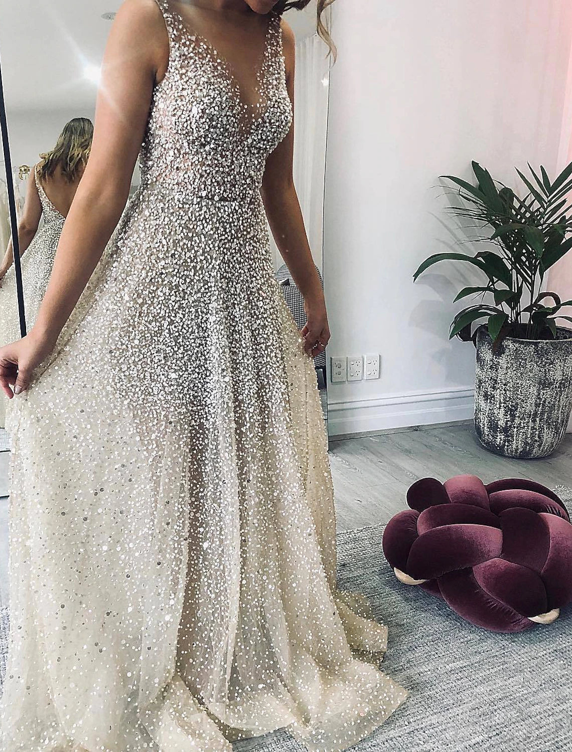 Wholesale A-Line Prom Dresses Glittering Dress Party Wear Wedding Party Sweep / Brush Train Sleeveless V Neck Tulle with Sequin