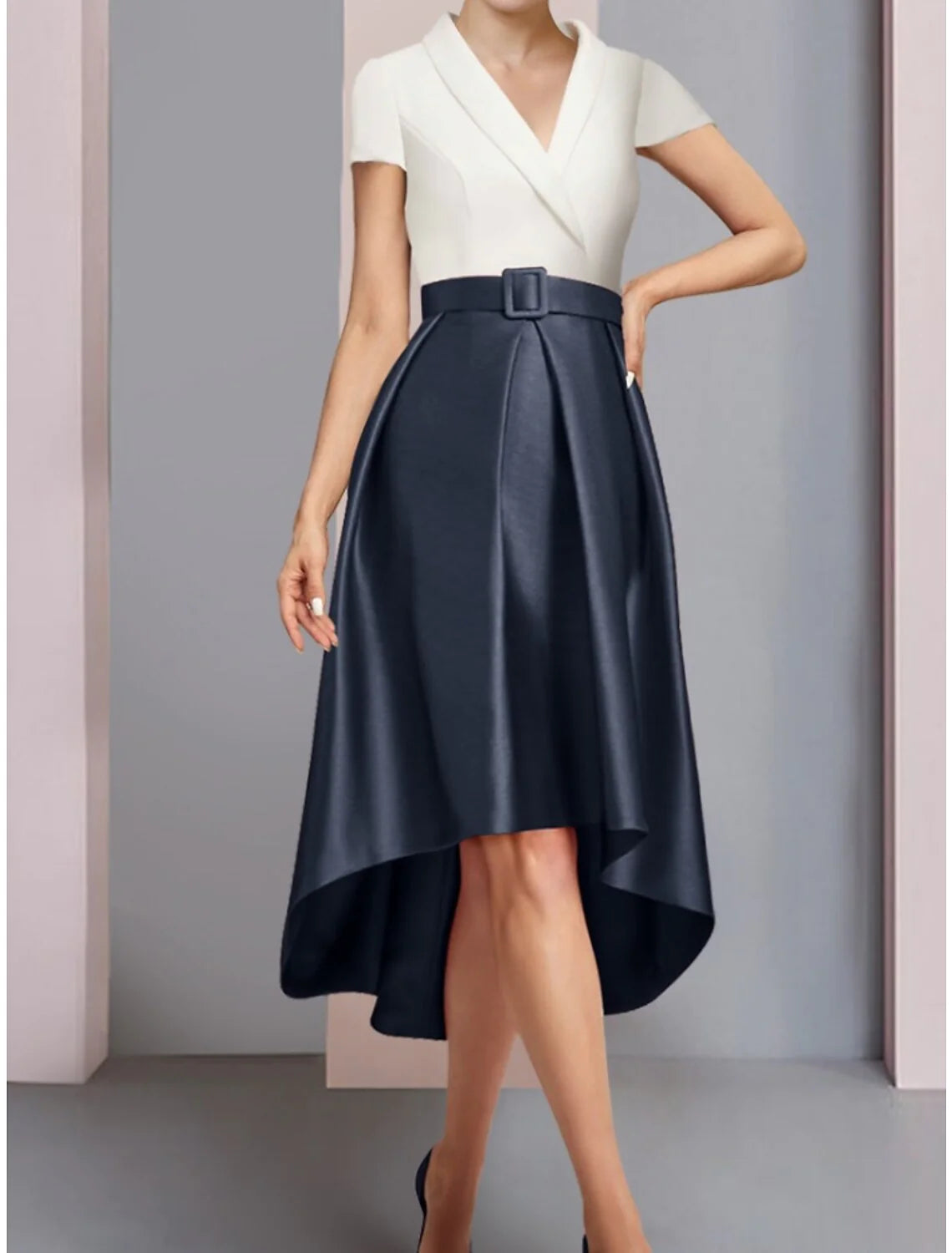 Wholesale A-Line Mother of the Bride Dress Wedding Guest Elegant Petite V Neck Asymmetrical Satin Short Sleeve with Ruching