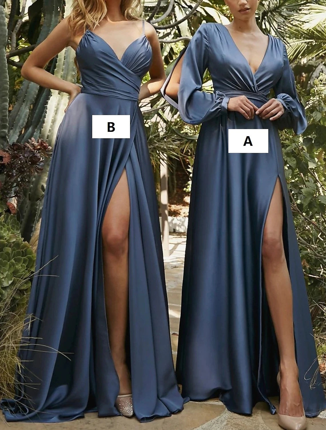 Wholesale A-Line Bridesmaid Dress V Neck Long Sleeve Blue Floor Length Chiffon with Split Front / Ruching