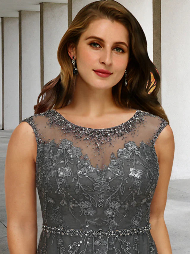 Wholesale A-Line Plus Size Curve Mother of the Bride Dresses Elegant Dress Formal Floor Length Sleeveless Jewel Neck Lace with Beading Sequin Appliques