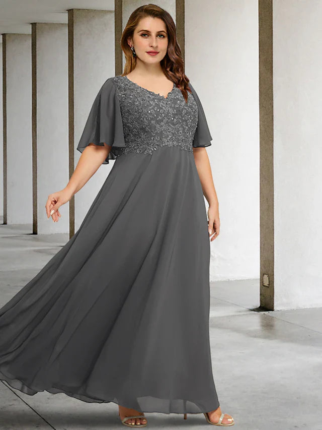 Wholesale A-Line Plus Size Curve Mother of the Bride Dresses Elegant Dress Formal Floor Length Short Sleeve V Neck Chiffon with Pleats Appliques