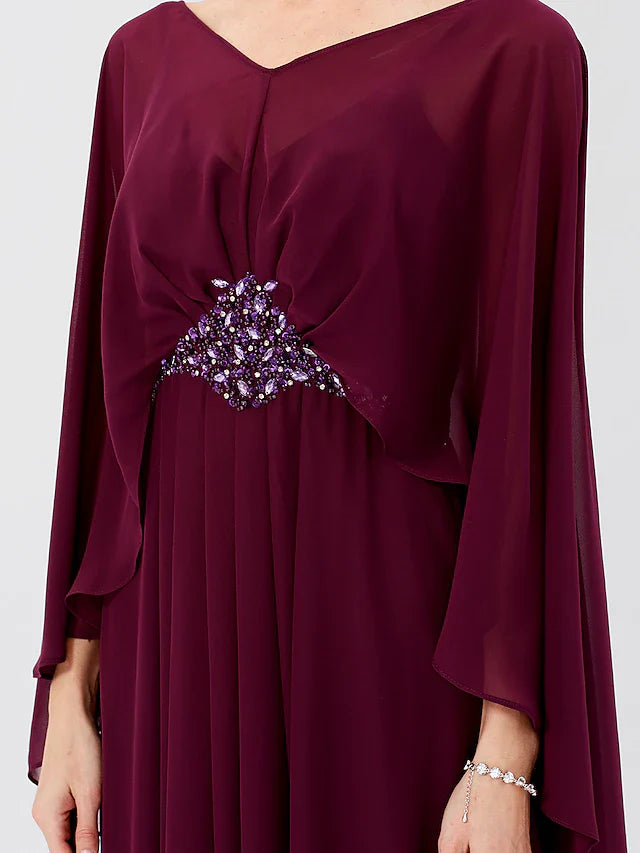 Wholesale Sheath / Column Mother of the Bride Dress Formal Classic & Timeless Elegant & Luxurious Elegant V Neck Floor Length Chiffon Long Sleeve with Pleats Beading