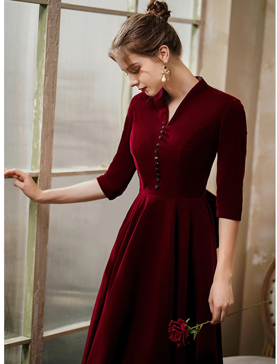 Wholesale A-Line Cocktail Dresses Vintage Dress Wedding Guest Party Wear Tea Length Half Sleeve V Neck Fall Wedding Guest Velvet with Sleek