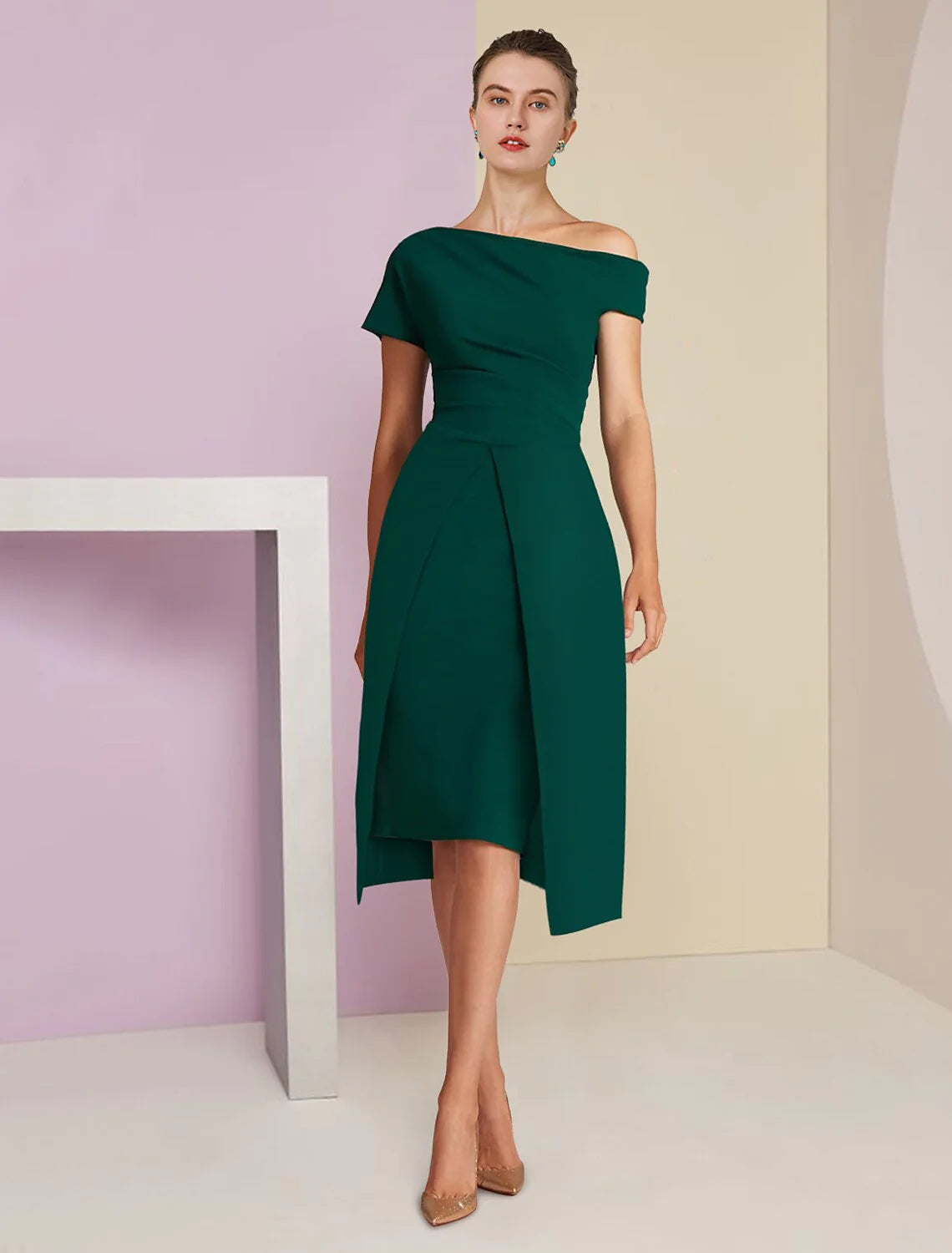 Wholesale A-Line Sheath / Column Mother of the Bride Dress Formal Wedding Guest Elegant One Shoulder Tea Length Short Sleeve