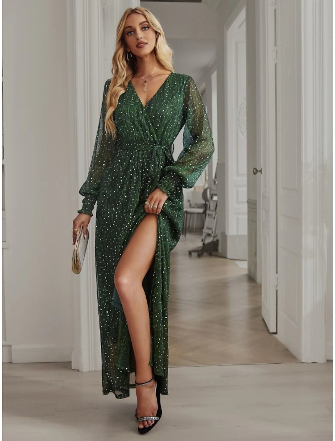 Wholesale A-Line Party Dresses Sparkle & Shine Dress Birthday Fall Ankle Length Long Sleeve V Neck Chiffon with Glitter Sequin