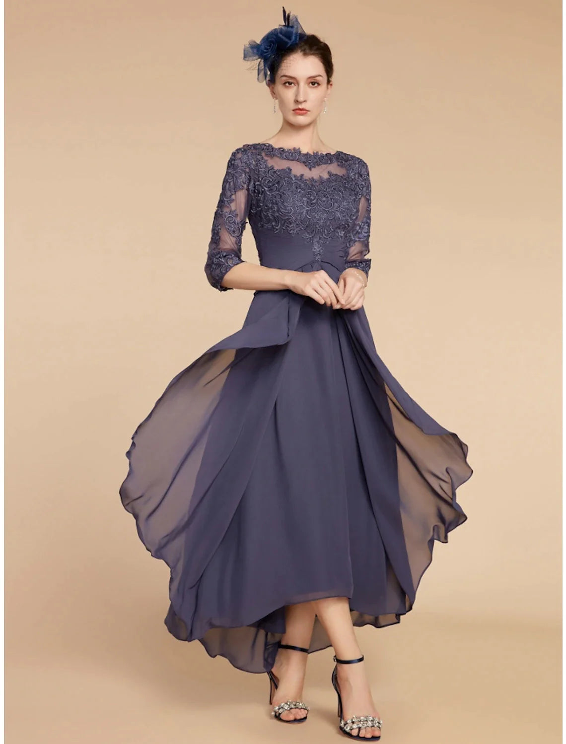 Wholesale A-Line Mother of the Bride Dress Wedding Guest Elegant Scoop Neck Ankle Length Chiffon Lace 3/4 Length Sleeve with Ruching Solid Color