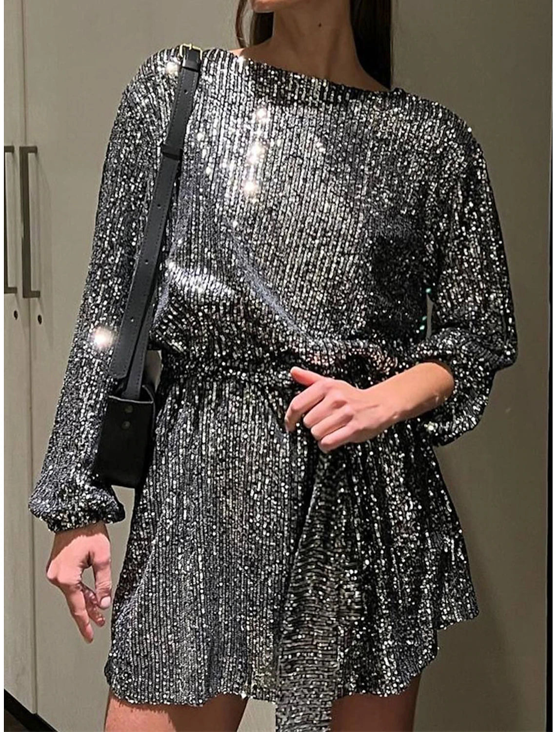 Wholesale Women's Gold Sequin Dress Party Dress New Year's Eve Dress Sparkly Dress Black Dress Homecoming Cocktail Dress Mini Dress Silver White Long Sleeve Sparkly Glitter Lace up Winter Dress