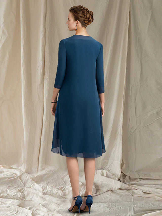 Wholesale Two Piece Sheath / Column Mother of the Bride Dress Church Elegant V Neck Knee Length Chiffon Lace Half Sleeve Jacket Dresses with Appliques Crystal Brooch