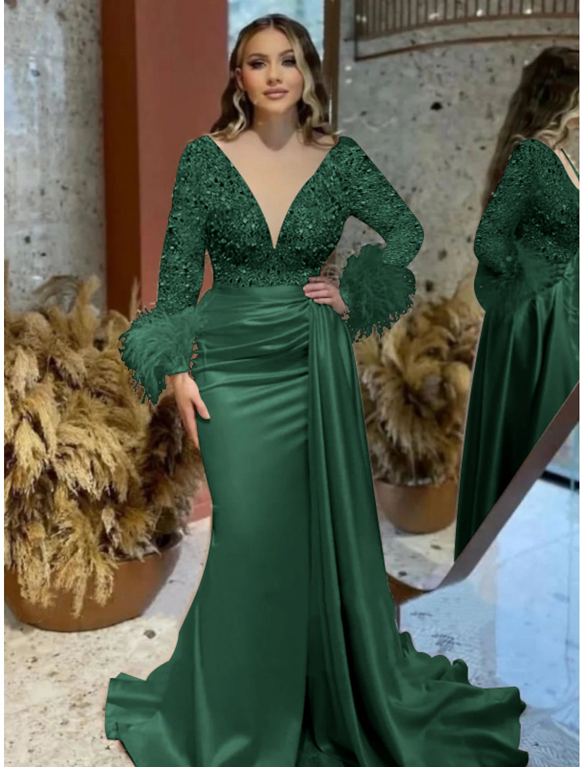 Wholesale Mermaid Plus Size Dress Champagne Satin Evening Gown Sparkle Sequin Dress Walk Through Formal Wedding Court Train Long Sleeve V Neck with Feather Glitter Ruched