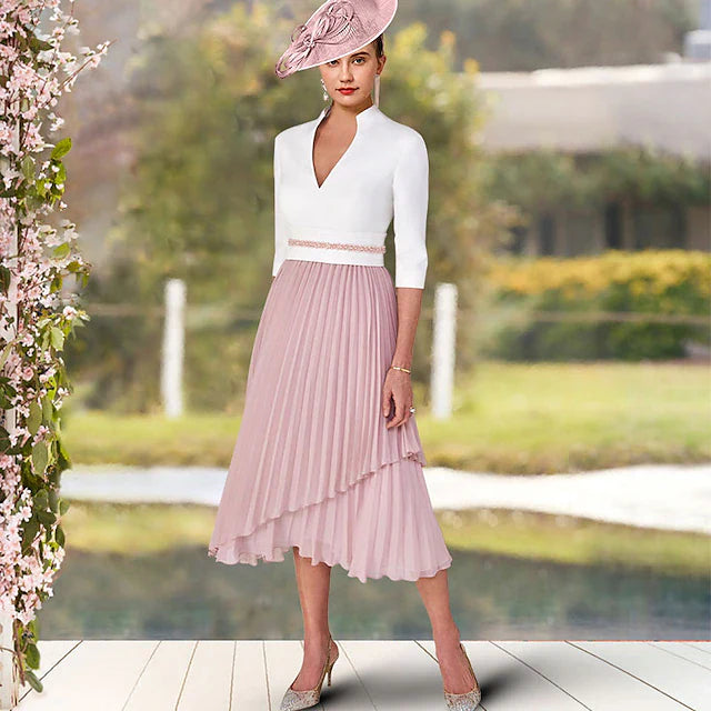 Wholesale A-Line Mother of the Bride Dress Elegant High Low V Neck Asymmetrical Tea Length Chiffon Satin Short Sleeve with Sash / Ribbon Pleats Color Block