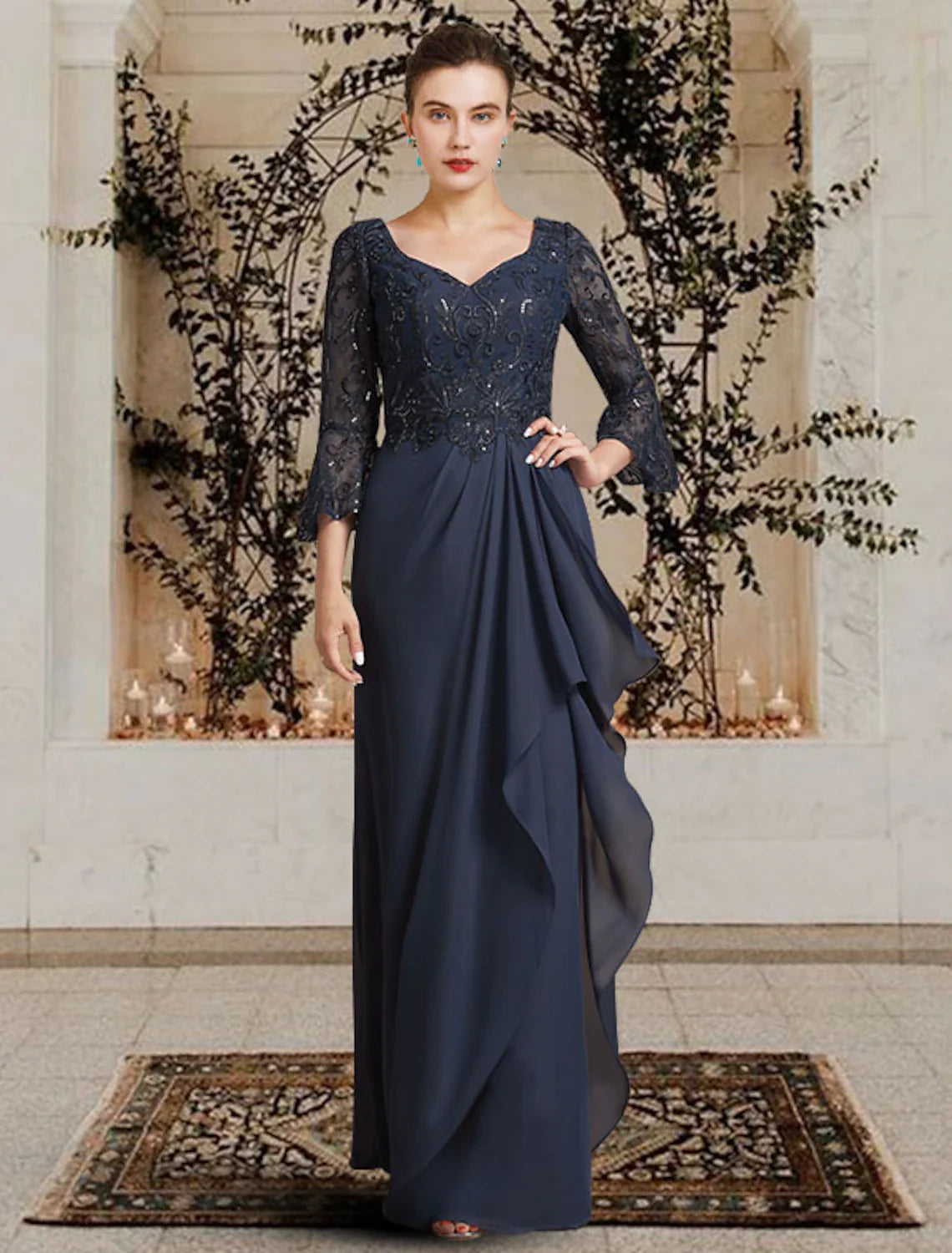 Wholesale Sheath / Column Mother of the Bride Dress Elegant V Neck Floor Length Chiffon Lace 3/4 Length Sleeve with Pleats Appliques