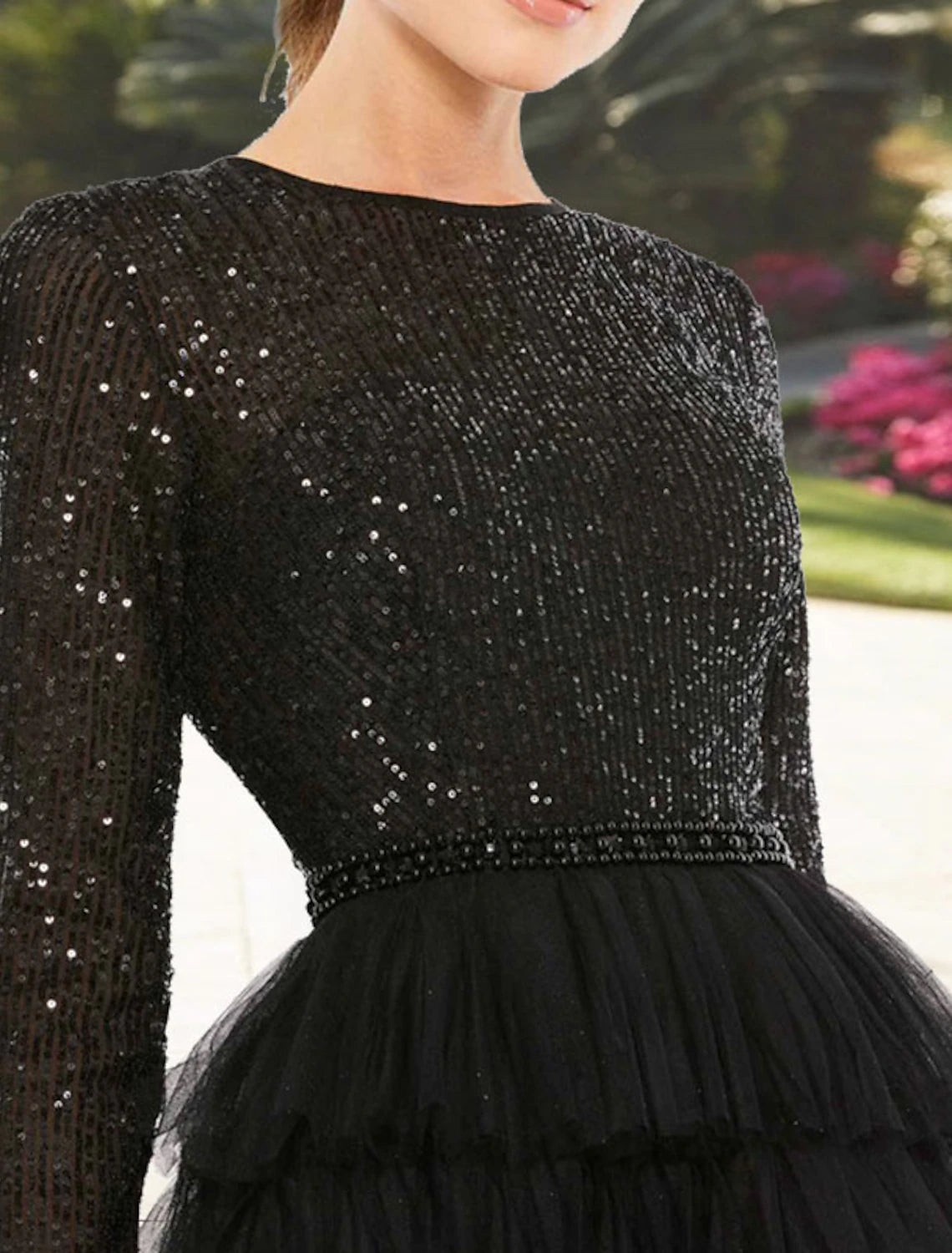Wholesale A-Line Cocktail Dresses Sparkle Black Dress Plus Size Party Wear Wedding Guest Tea Length Long Sleeve Jewel Neck Fall Wedding Guest Tulle with Sequin Tiered