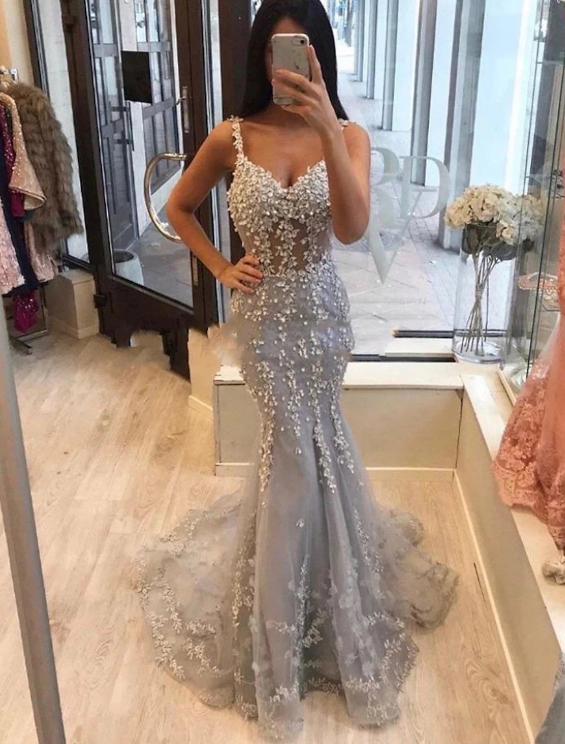 Wholesale  Mermaid / Trumpet Minimalist Elegant Party Wear Formal Evening Dress V Neck Sleeveless Sweep / Brush Train Tulle with Beading Appliques