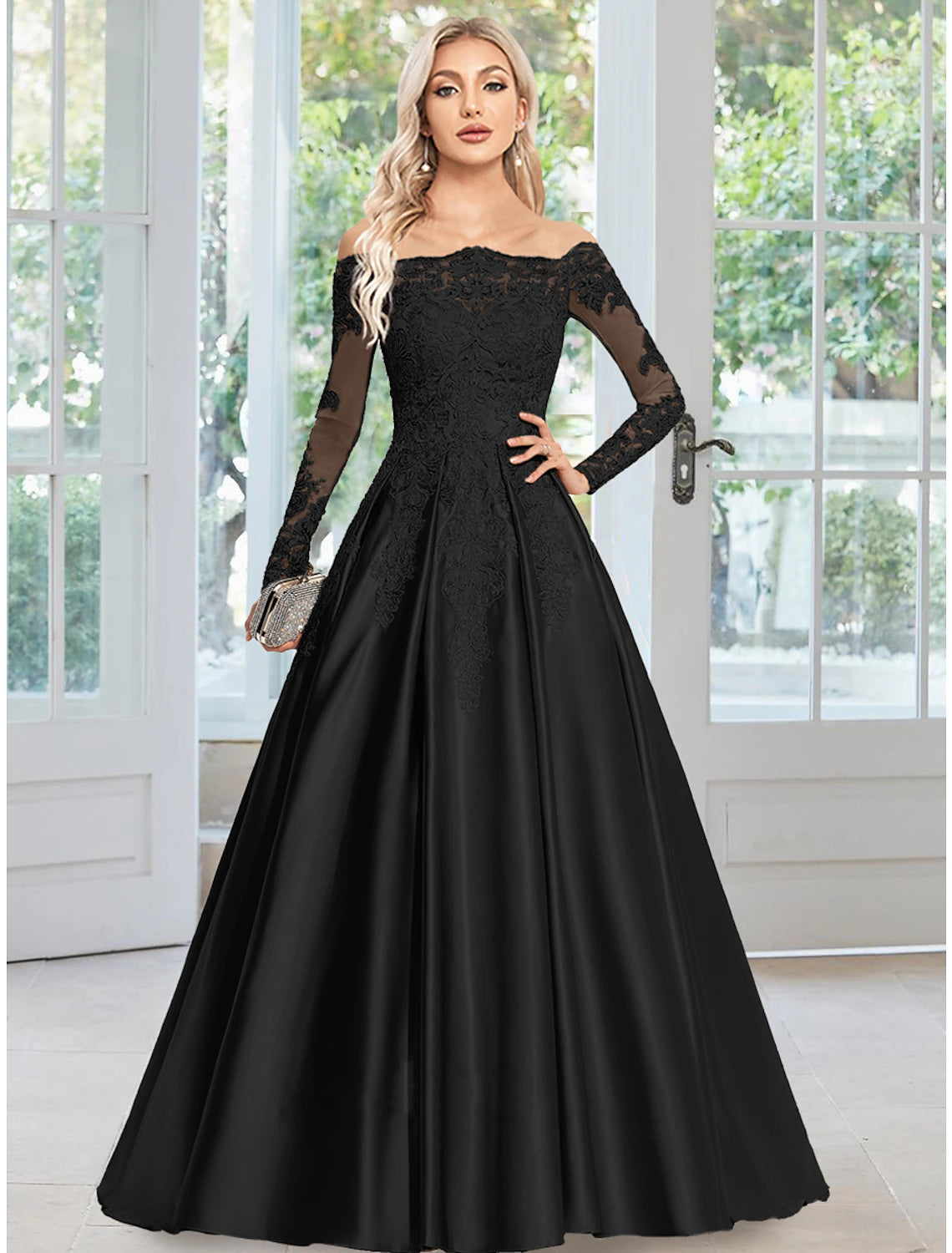 Wholesale A-Line Evening Gown Floral Dress Formal Wedding Guest Court Train Long Sleeve Off Shoulder Satin with Appliques