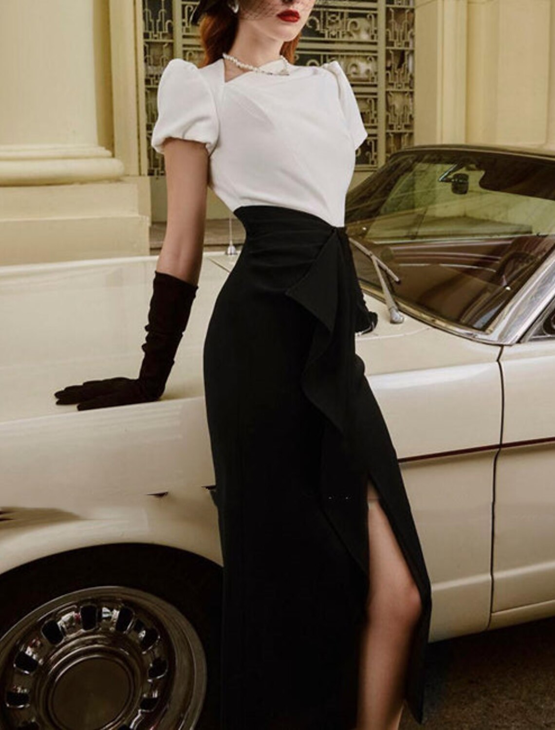 Wholesale Sheath / Column Cocktail Dresses Elegant Dress Wedding Guest Tea Length Short Sleeve V Neck Stretch Fabric with Ruched Ruffles Slit