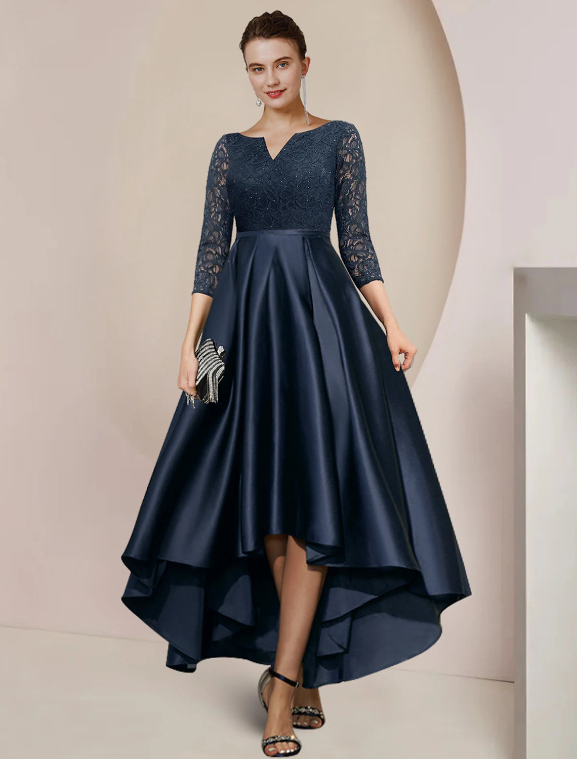 Wholesale  A-Line Mother of the Bride Dress Formal Wedding Guest Elegant High Low Scoop Neck Asymmetrical Tea Length Satin Lace 3/4 Length Sleeve with Pleats Beading