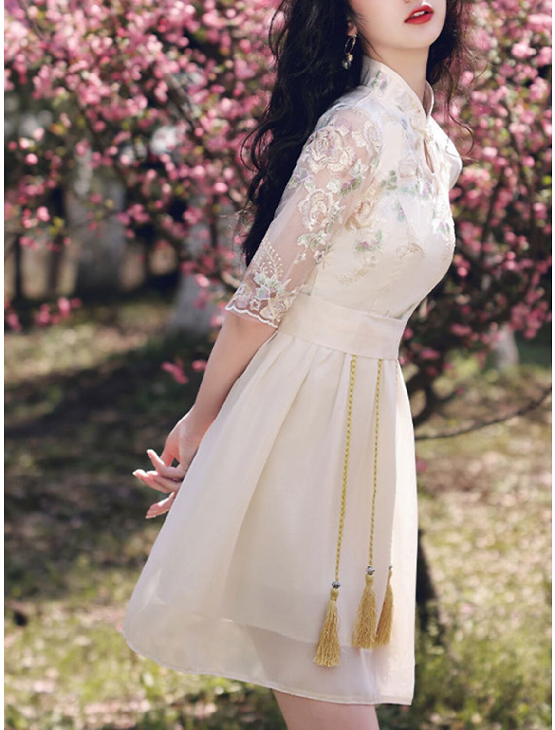 Wholesale A-Line Chinese Style Elegant Graduation Prom Dress Stand Collar Half Sleeve Short / Mini Chiffon with Tassel Embroidery