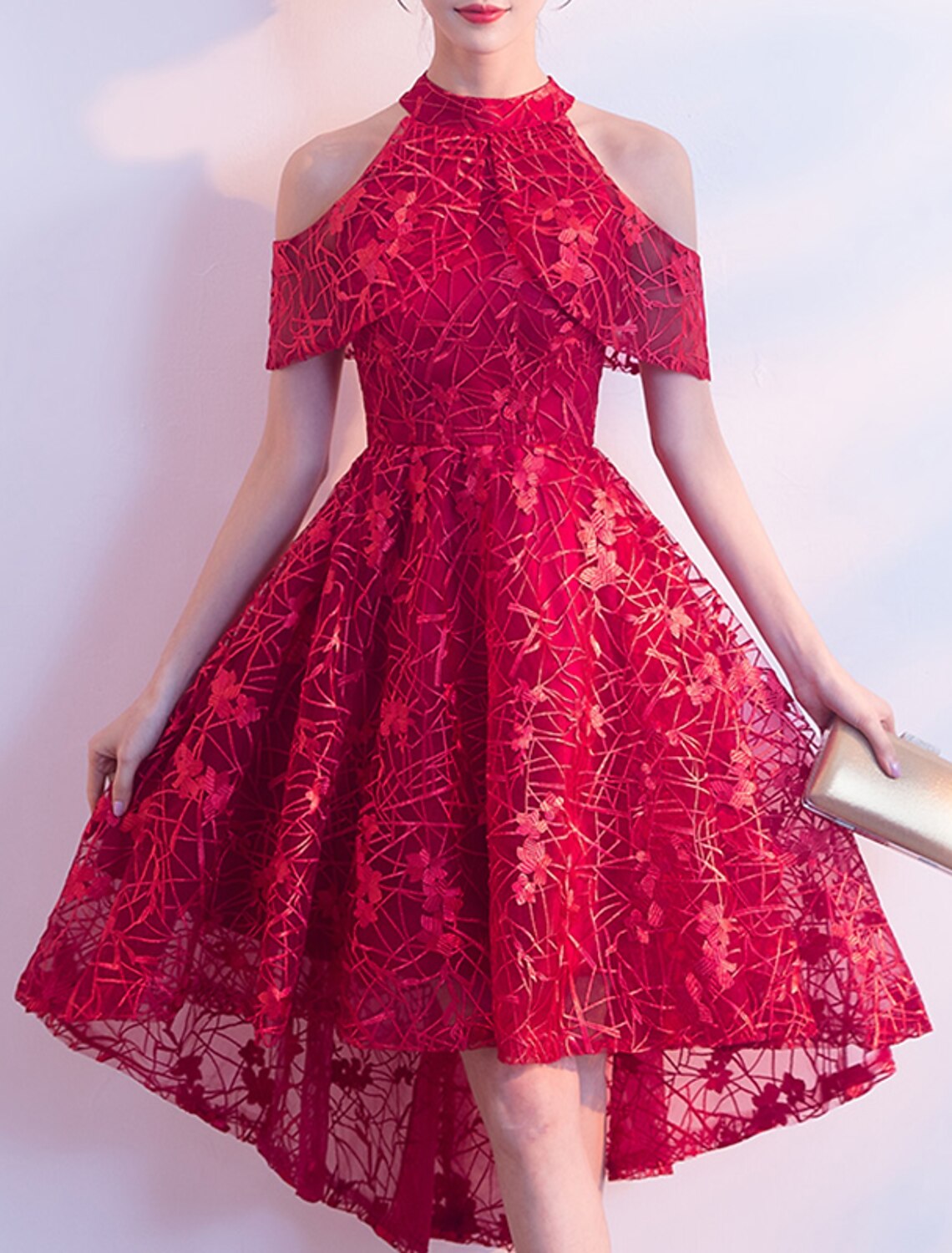 Wholesale A-Line Cocktail Dresses Minimalist Dress Wedding Guest Party Wear Asymmetrical Short Sleeve Jewel Neck Tulle with Pleats Pattern / Print