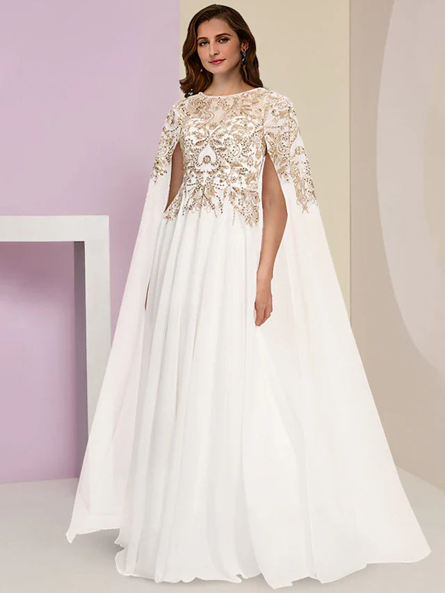 Wholesale Plus Size Curve Mother of the Bride Dress Wedding Guest Party Luxurious Jewel Neck Floor Length Chiffon Lace Sequined Long Sleeve with Pleats