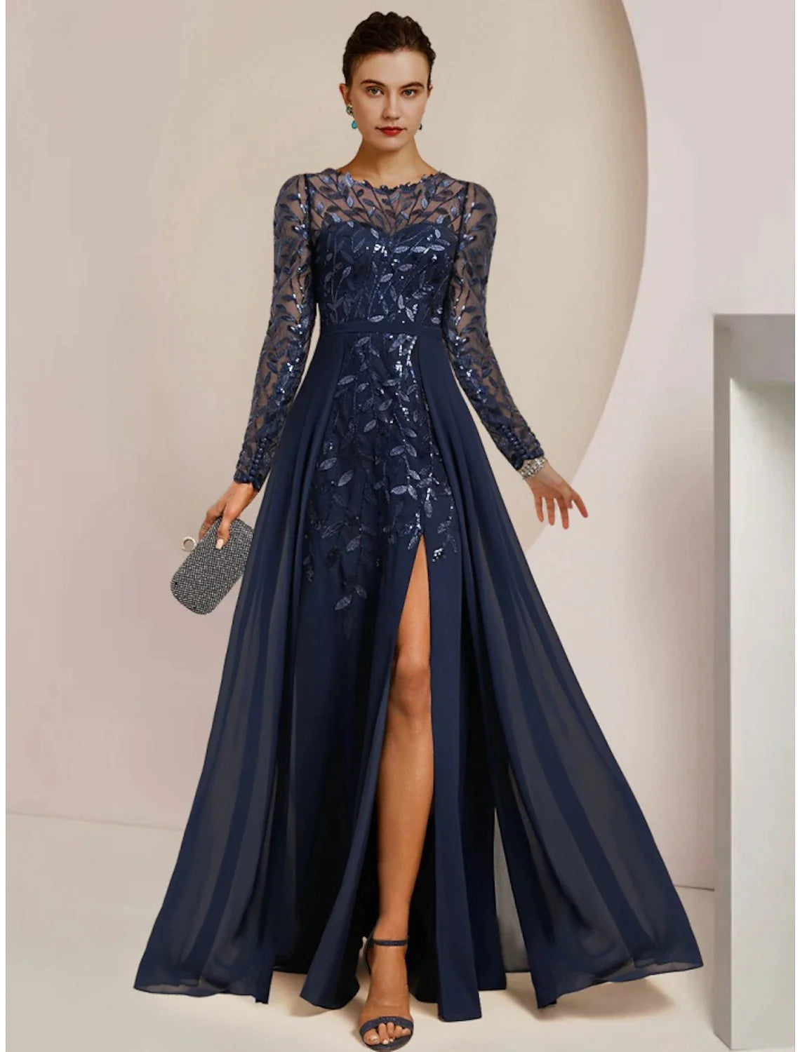 Wholesale A-Line Mother of the Bride Dress Wedding Guest Elegant Jewel Neck Floor Length Chiffon Lace Sequined Long Sleeve with Split Front Ruching Solid Color