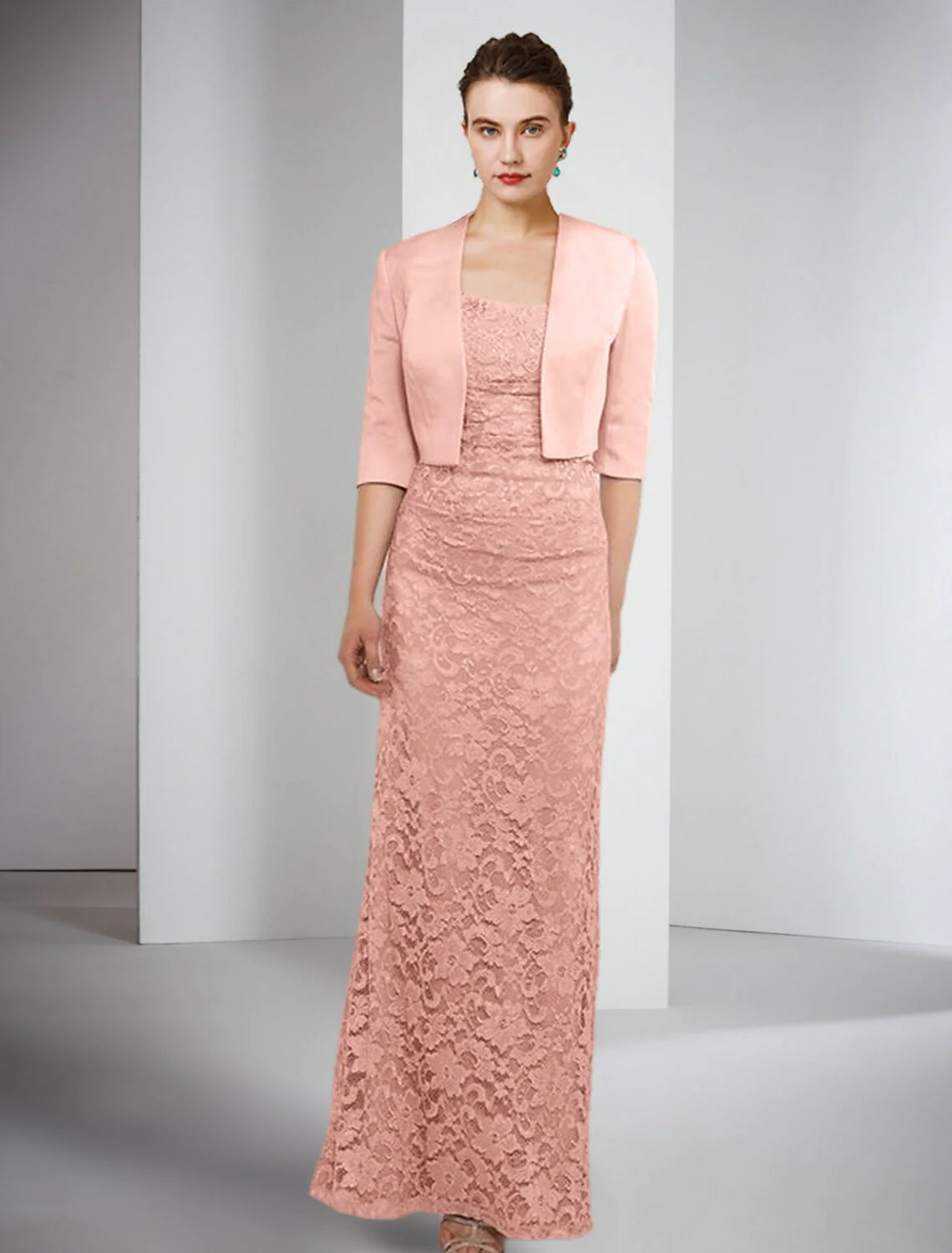 Wholesale Two Piece Sheath / Column Mother of the Bride Dress Formal Wedding Guest Elegant Winter With Jacket Half Sleeve Square Neck Floor Length Satin Lace Solid Color