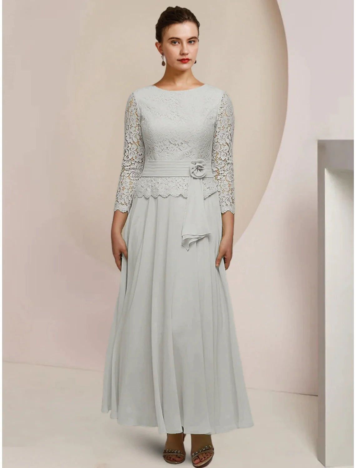 Wholesale A-Line Mother of the Bride Dress Wedding Guest Elegant Jewel Neck Ankle Length Chiffon Long Sleeve with Lace Pleats Appliques