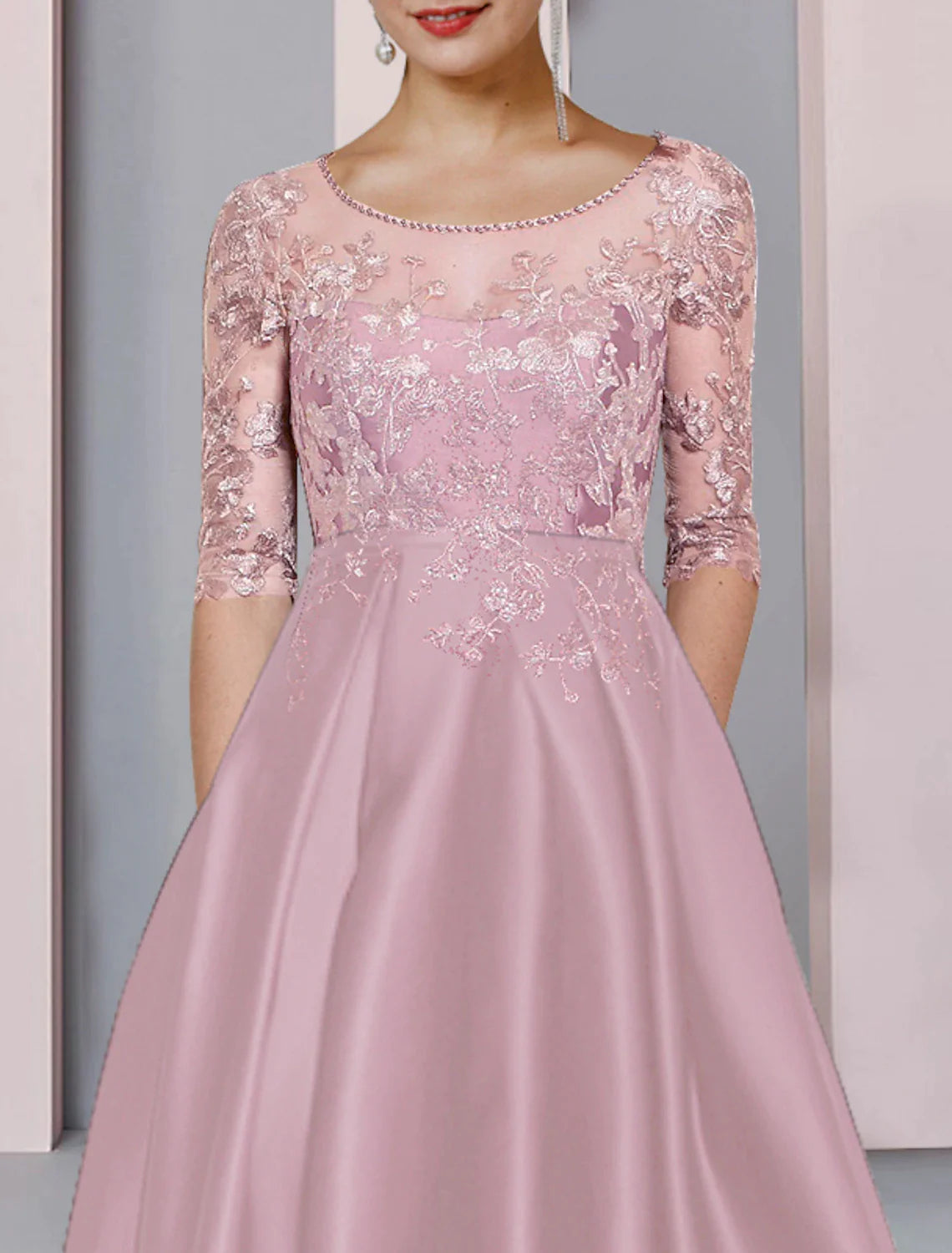 Wholesale A-Line Mother of the Bride Dress Formal Wedding Guest Party Elegant High Low Scoop Neck Asymmetrical Tea Length Satin Lace Half Sleeve with Pleats Beading Appliques