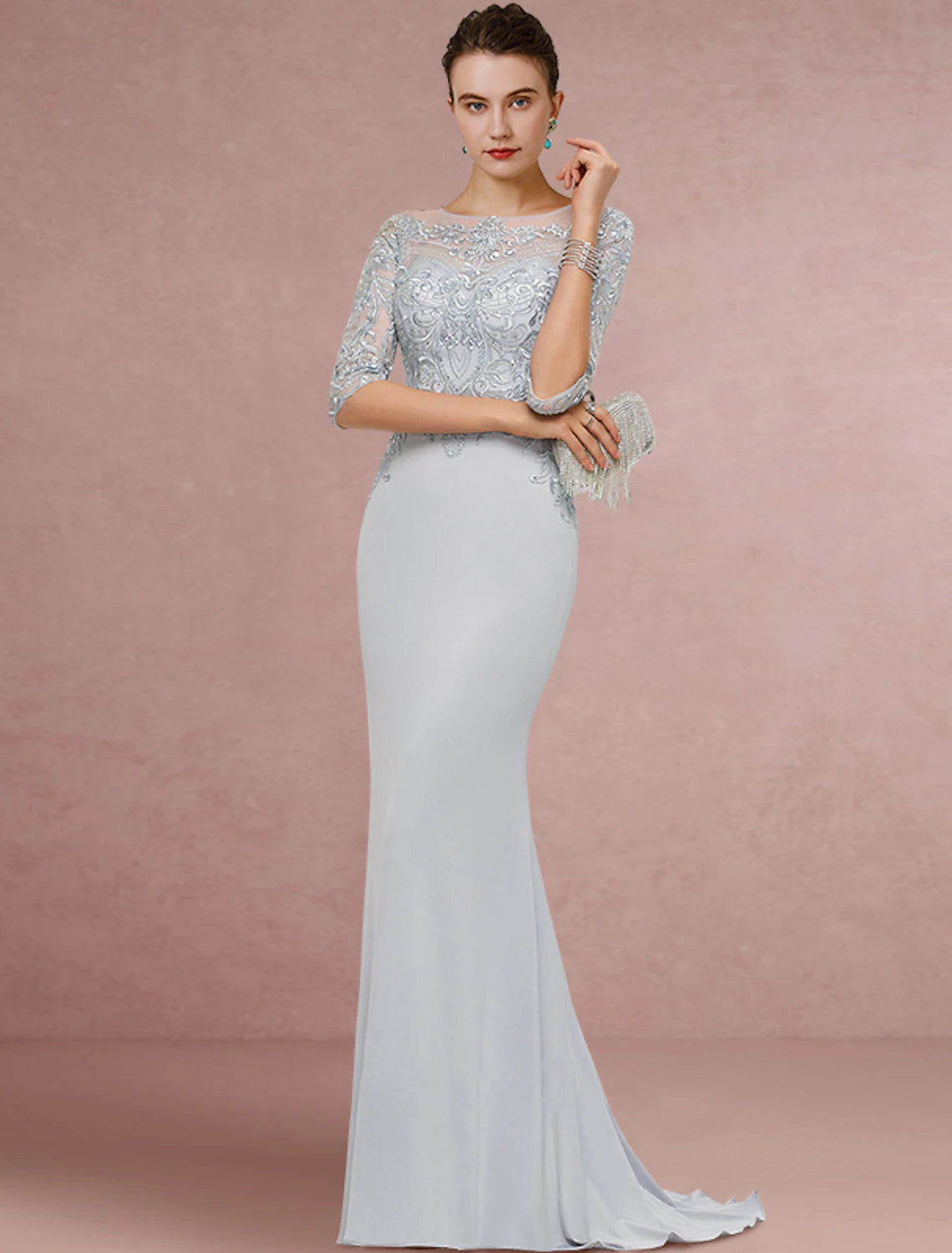 Wholesale  Sheath / Column Mother of the Bride Dress Wedding Guest Vintage Elegant Scoop Neck Sweep / Brush Train Chiffon Lace Half Sleeve with Sequin