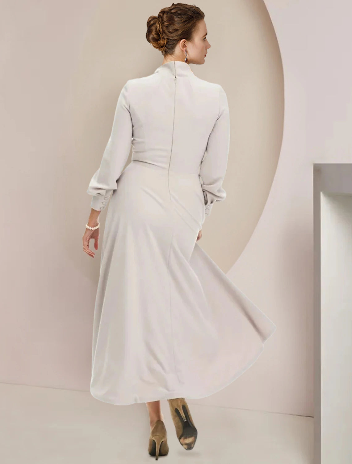 Wholesale  A-Line Mother of the Bride Dress Formal Wedding Guest Party Elegant High Neck Asymmetrical Tea Length Stretch Chiffon Long Sleeve with Bow(s)
