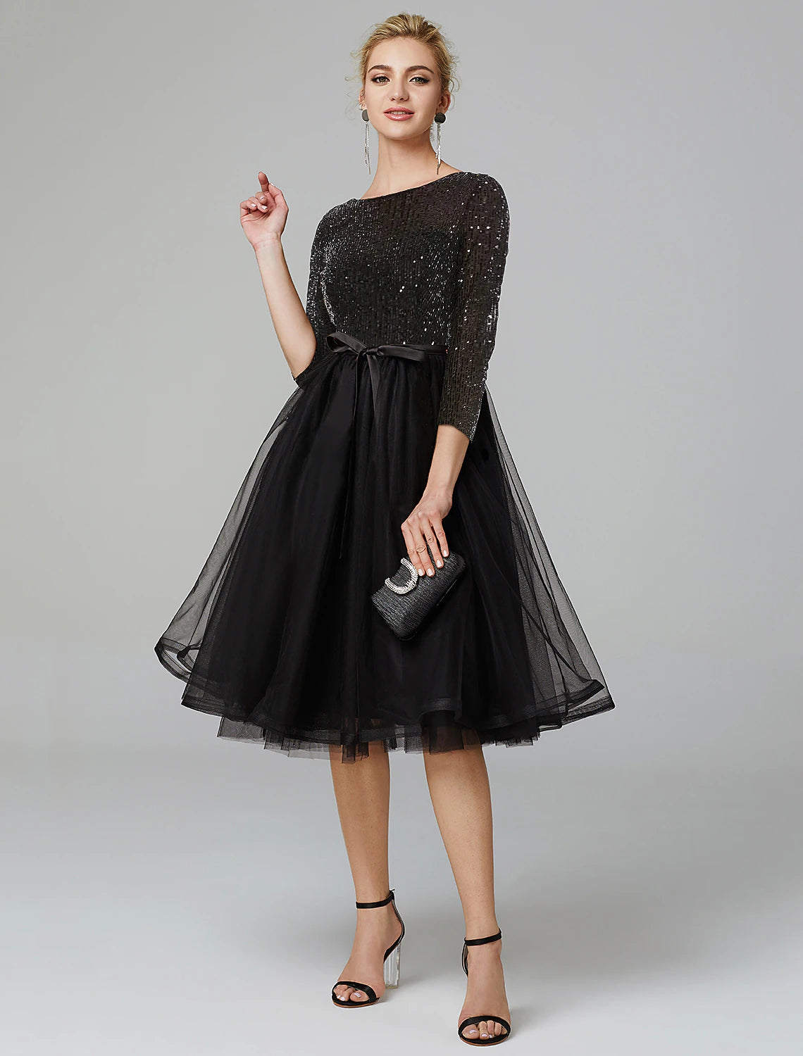Wholesale A-Line Cocktail Dresses Sparkle & Shine Dress Formal Wedding Guest Tea Length 3/4 Length Sleeve Jewel Neck Fall Wedding Guest Tulle with Sequin Strappy