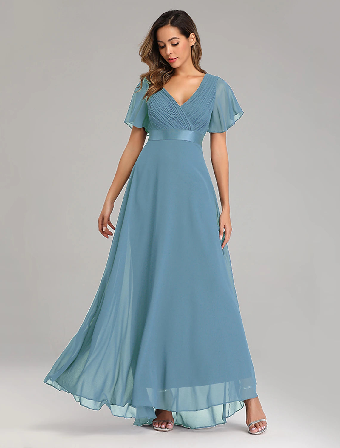 Wholesale  A-Line Prom Dresses Maxi Dress Fall Wedding Guest Dress For Bridesmaid Floor Length Short Sleeve V Neck Chiffon V Back with Ruched Ruffles