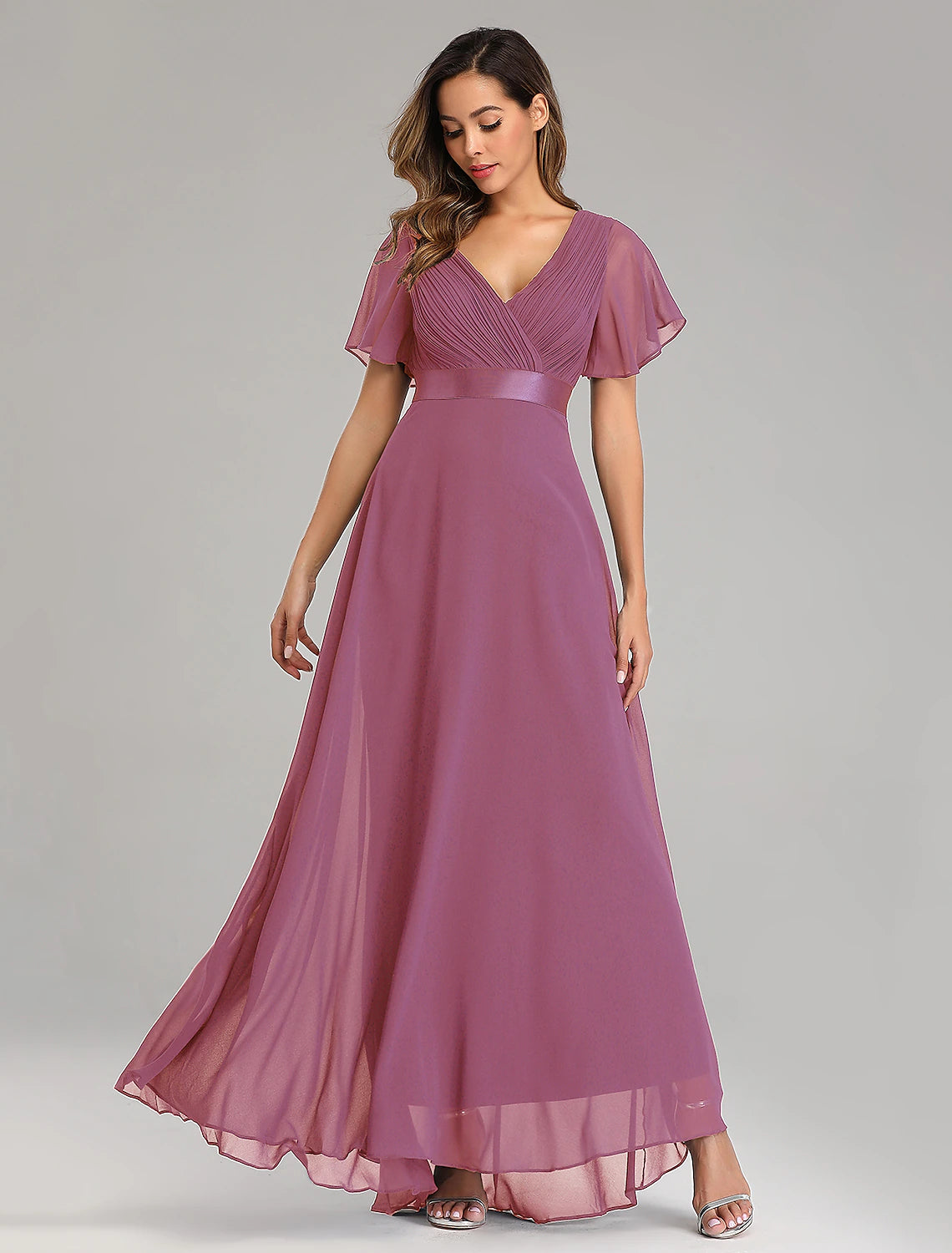Wholesale  A-Line Prom Dresses Maxi Dress Fall Wedding Guest Dress For Bridesmaid Floor Length Short Sleeve V Neck Chiffon V Back with Ruched Ruffles