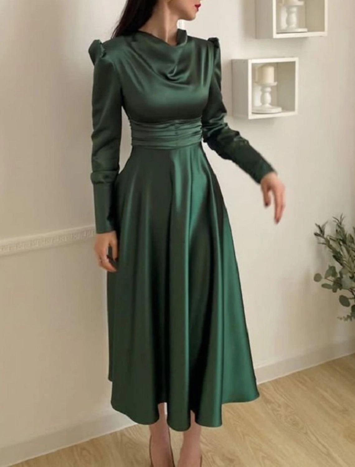 Wholesale A-Line Cocktail Dress Christmas Red Green Dresses Elegant Dress Wedding Guest Fall Tea Length Long Sleeve Cowl Neck Bridesmaid Dress Red Green Dress Satin with Ruched