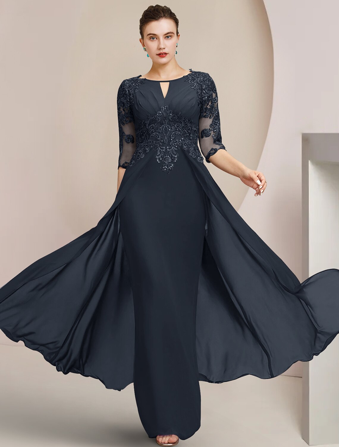 Wholesale Sheath / Column Mother of the Bride Dress Formal Wedding Guest Elegant Scoop Neck Floor Length Chiffon Lace Half Sleeve with Sequin Appliques