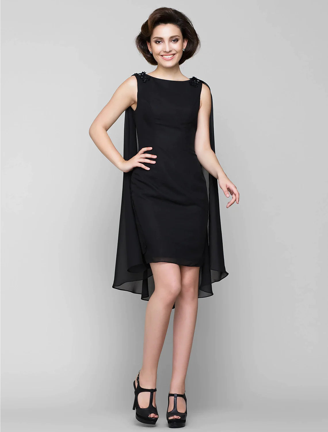 Wholesale Sheath / Column Mother of the Bride Dress Wrap Included Bateau Neck Knee Length Chiffon Sleeveless yes with Crystals