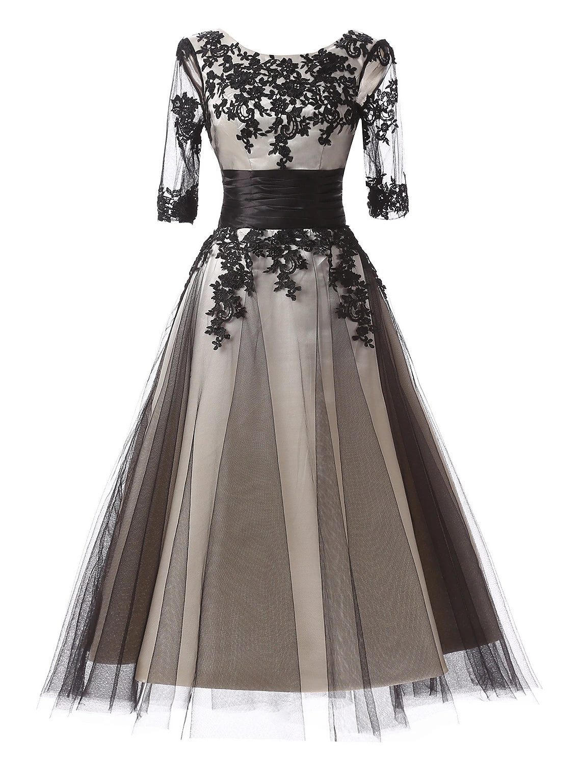 Wholesale Ball Gown Evening Gown Color Block Dress Formal Evening Ankle Length Half Sleeve Jewel Neck Fall Wedding Guest Lace with Lace Insert Appliques