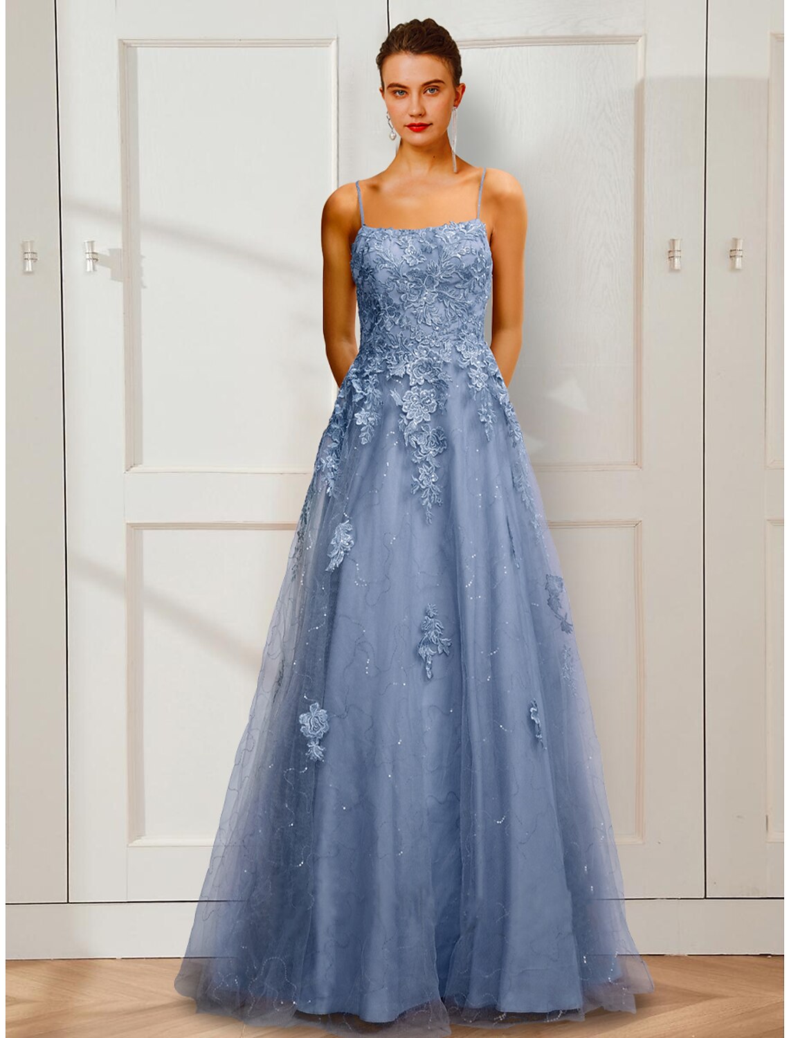 Wholesale  A-Line Prom Dresses Floral Dress Party Wear Prom Floor Length Sleeveless Spaghetti Strap Satin with Appliques