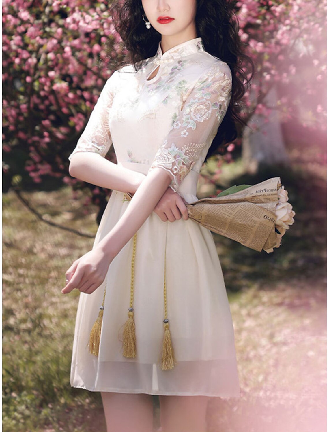 Wholesale A-Line Chinese Style Elegant Graduation Prom Dress Stand Collar Half Sleeve Short / Mini Chiffon with Tassel Embroidery