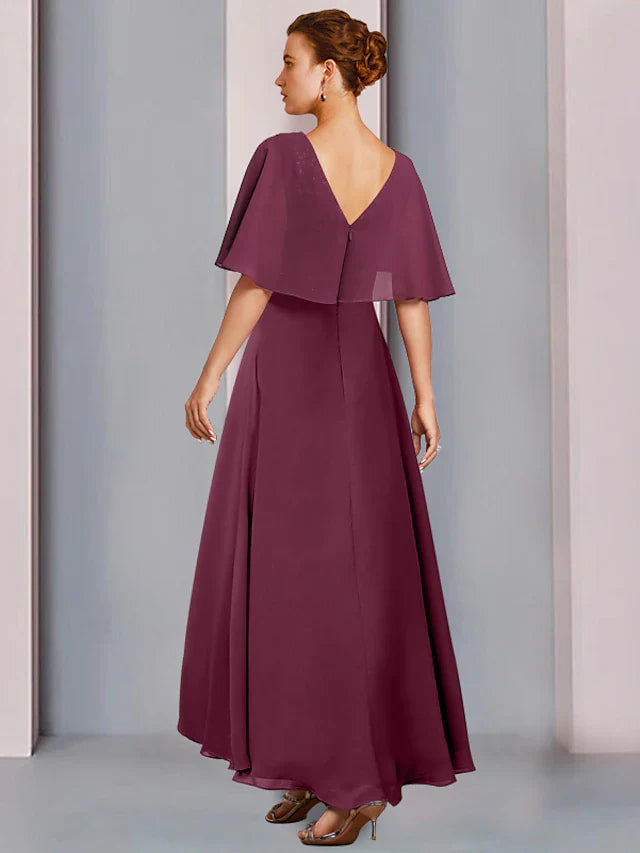 Wholesale Sheath / Column Mother of the Bride Dress Wedding Guest Party Elegant V Neck Asymmetrical Chiffon Lace Half Sleeve with Pleats Sequin