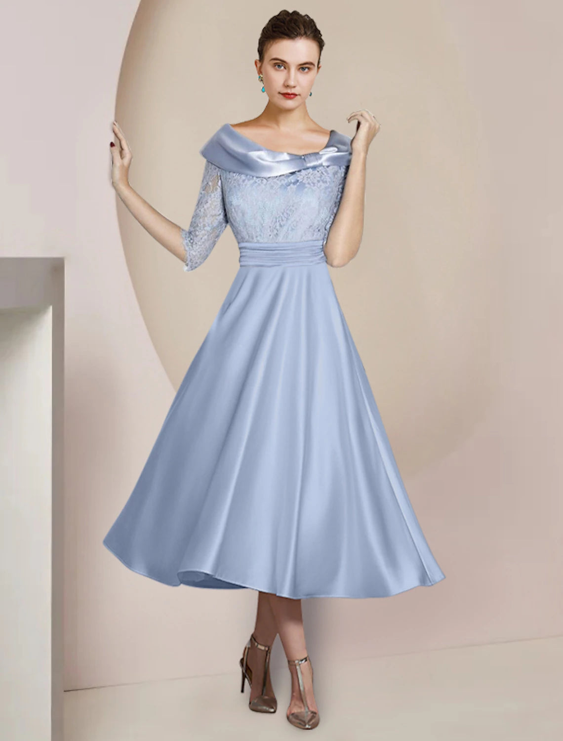 Wholesale  A-Line Mother of the Bride Dress Party Elegant Scoop Neck Tea Length Satin Lace Half Sleeve with Bow(s) Pleats