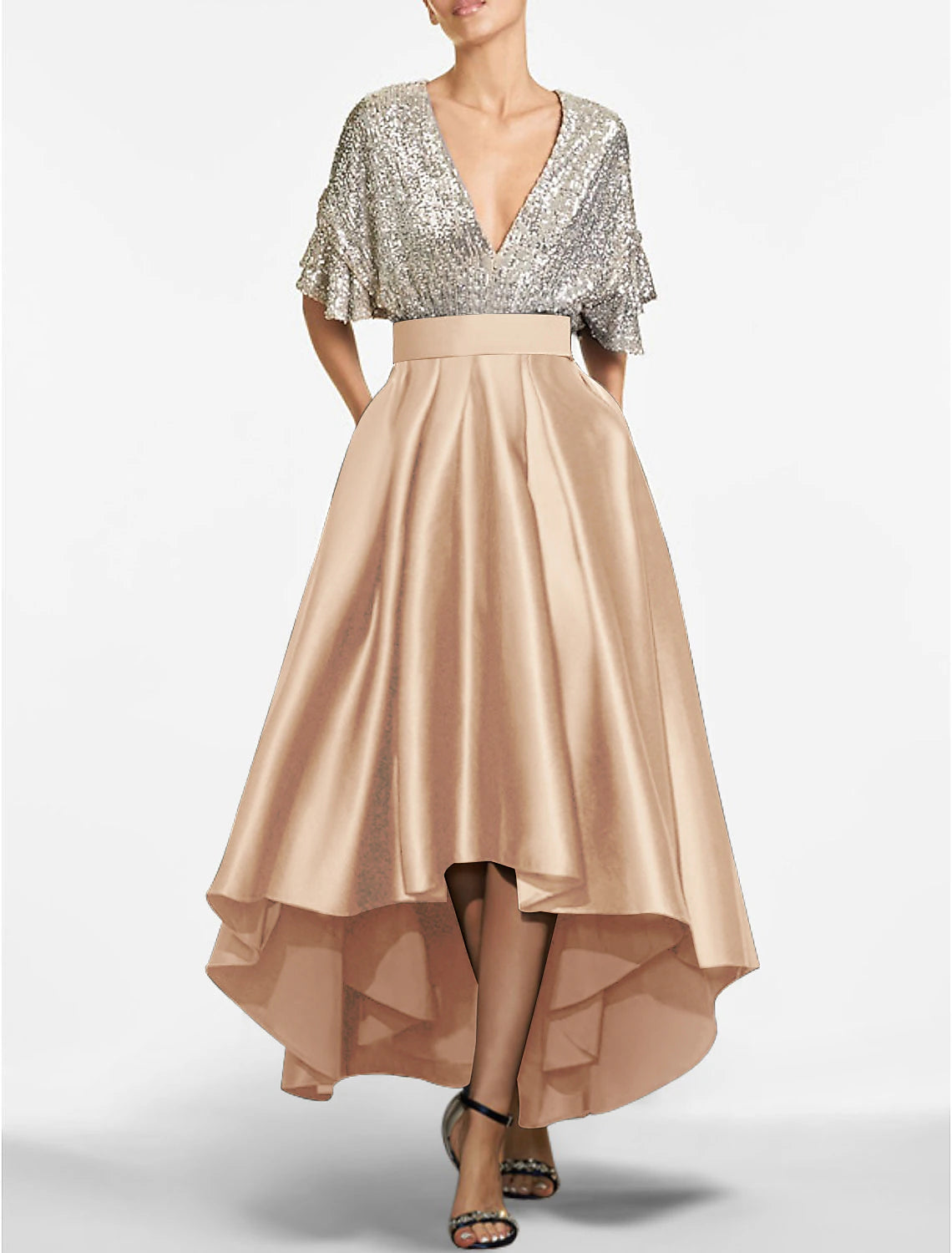 Wholesale A-Line Cocktail Dresses Red Green Dress Cocktail Party Semi Formal Asymmetrical Short Sleeve Jewel Neck Fall Wedding Guest Satin with Sequin